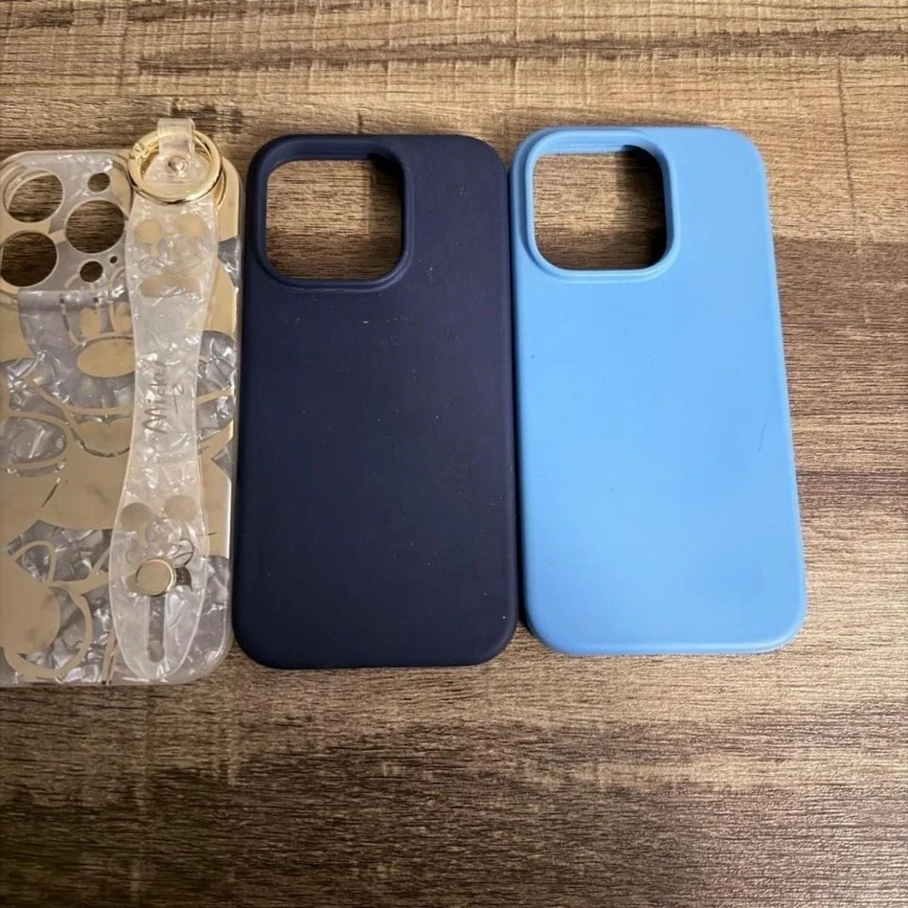 iPhone 14 Pro Max Case‎ Set 3 Piece Clear Marble Blue Navy with Strap